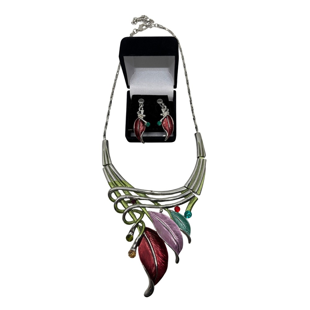Silver Tone Multi Color Enamel Leaf Bib Necklace and Earring Set Rhinestone